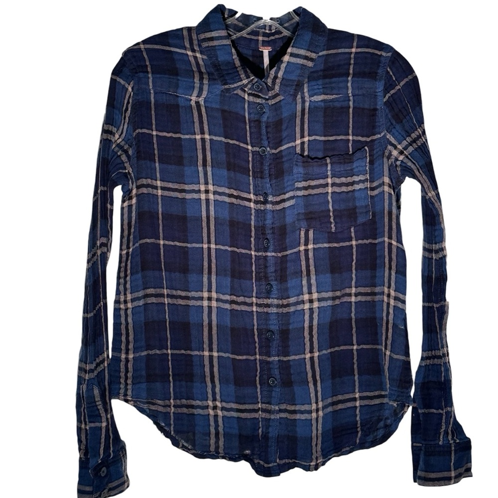 Free People Gauze Flannel Plaid Button Up Shirt, Blue and Beige, Sz S